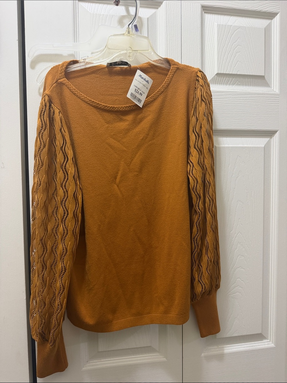 Women's Mustard Knit Sweater with Lace Puff Sleeves